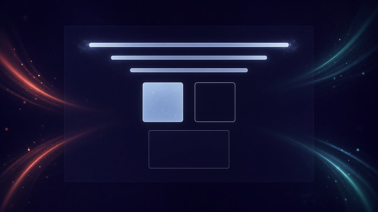 Line-Art: Hierarchie-Balken, Kontrast-Quadrate und Weißraum-Rahmen auf Mist mit Lightfall-Streifen