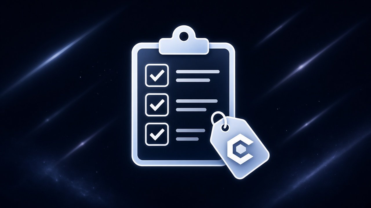 Line-Art: Klemmbrett mit Checkboxen und Preisschild auf Mist mit Lightfall-Streifen