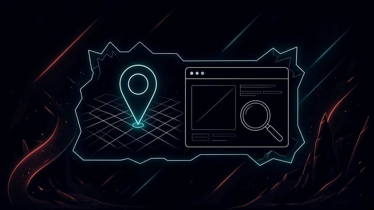 Line-Art: Kartenpin, Stadtplan und Browser-Fenster auf Night-Canvas mit Lightfall-Streifen