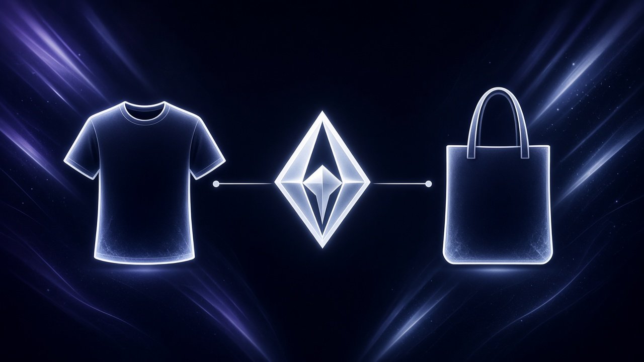Line-Art: Markenzeichen, T-Shirt und Tasche auf Mist mit Lightfall-Streifen