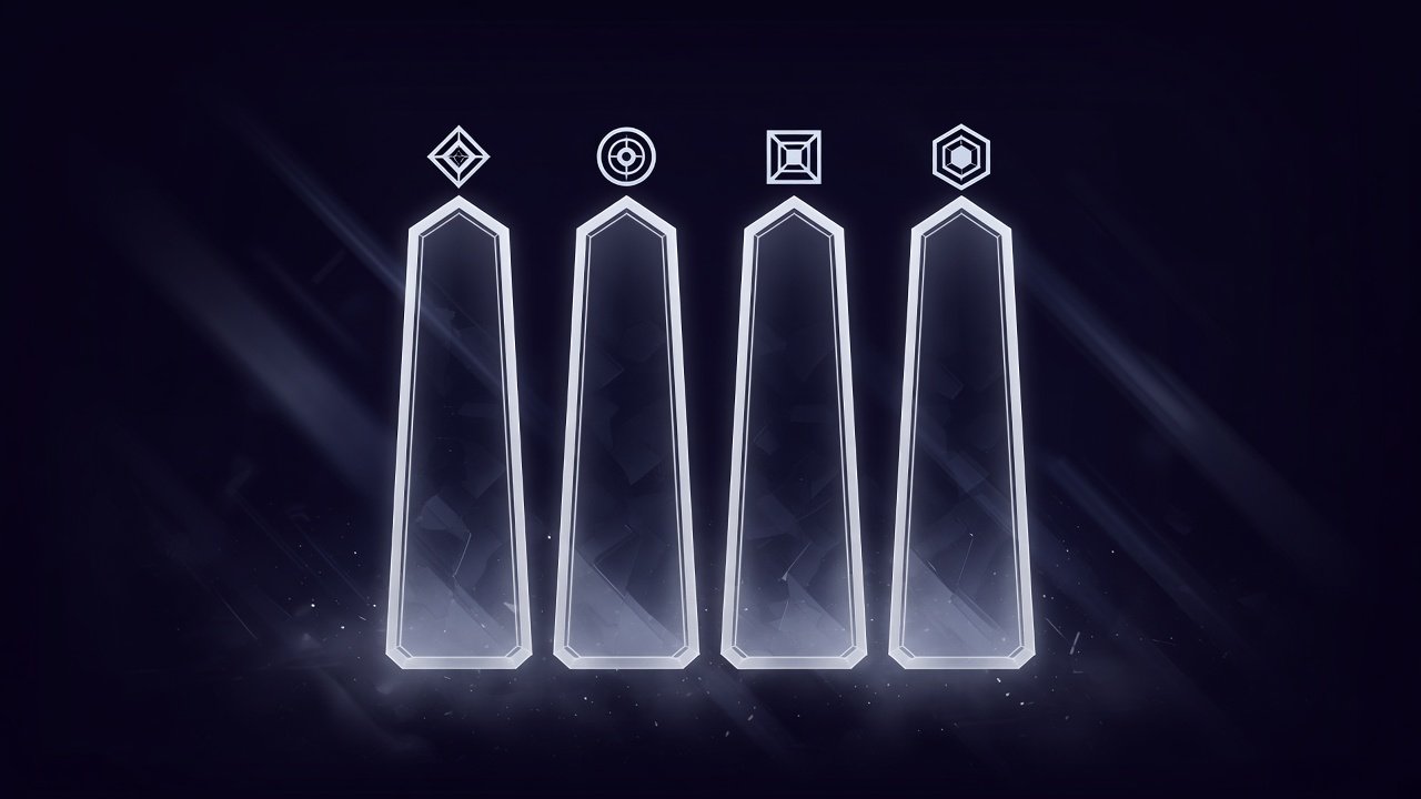 Line-Art: vier Säulen mit Symbolen für Marken-Säulen auf Mist mit Lightfall-Streifen