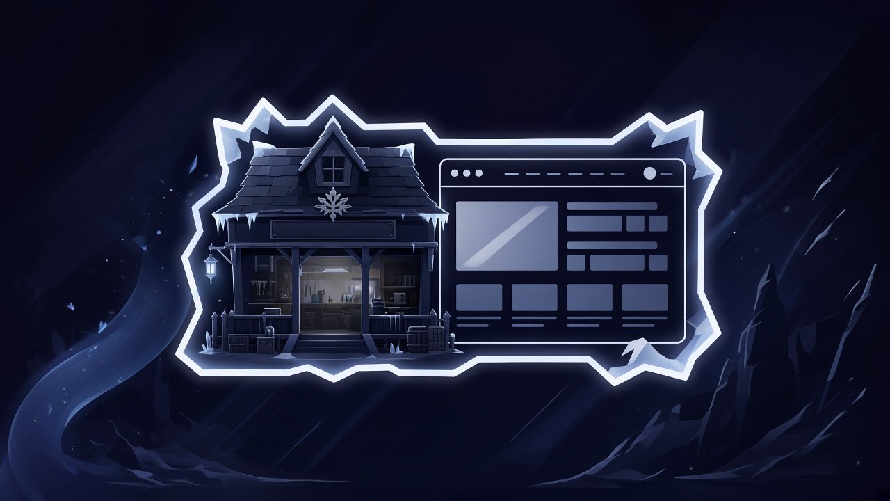 Line-Art: Werkstatt und Browser-Fenster auf Mist mit Lightfall-Streifen