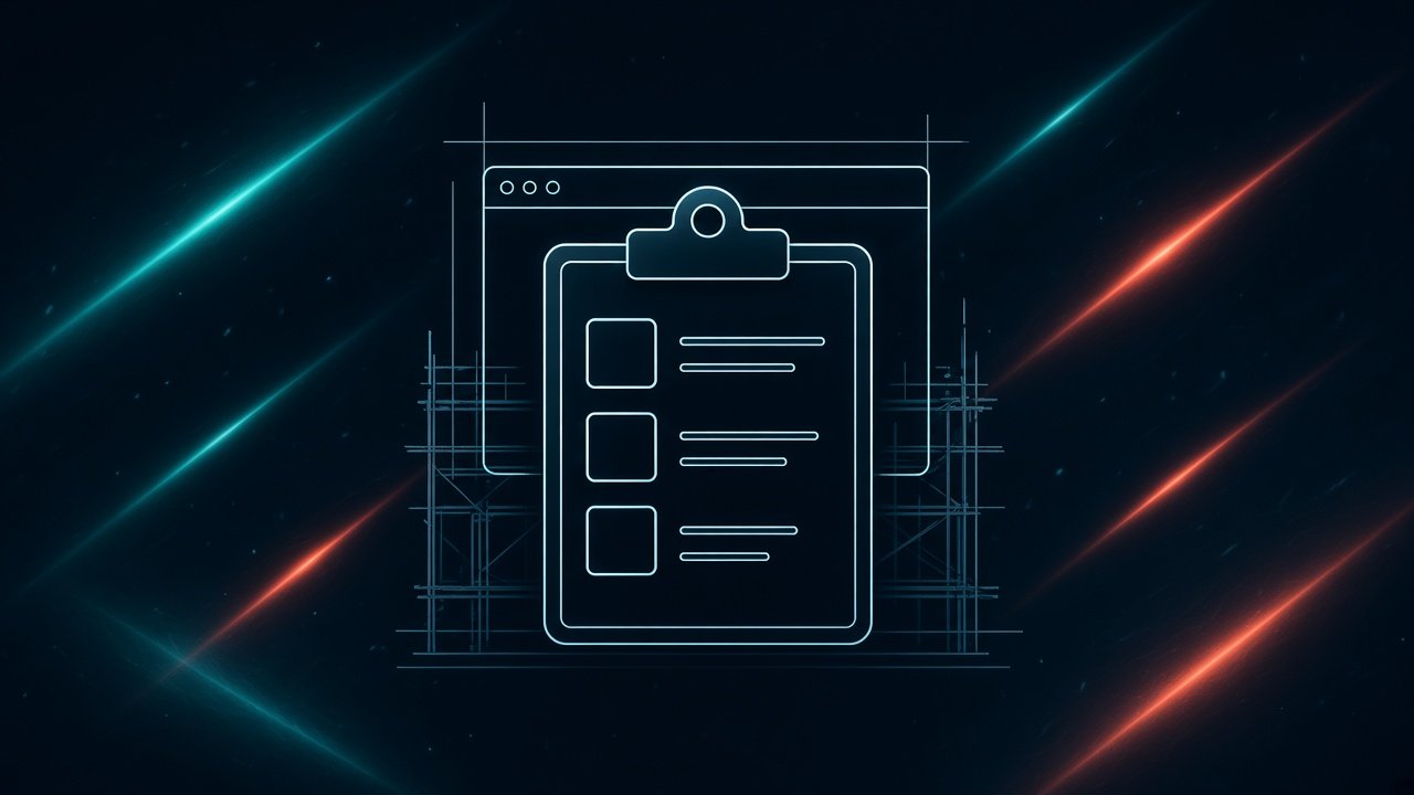 Line-Art: Checkliste und Browser-Rahmen auf Night-Canvas mit Lightfall-Streifen