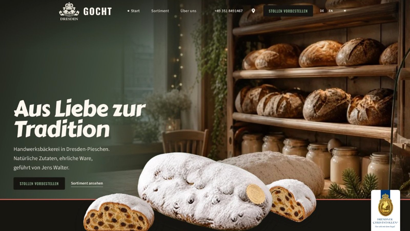 Feinbäckerei Gocht Website Desktop — Startseite mit Stollen und Tradition