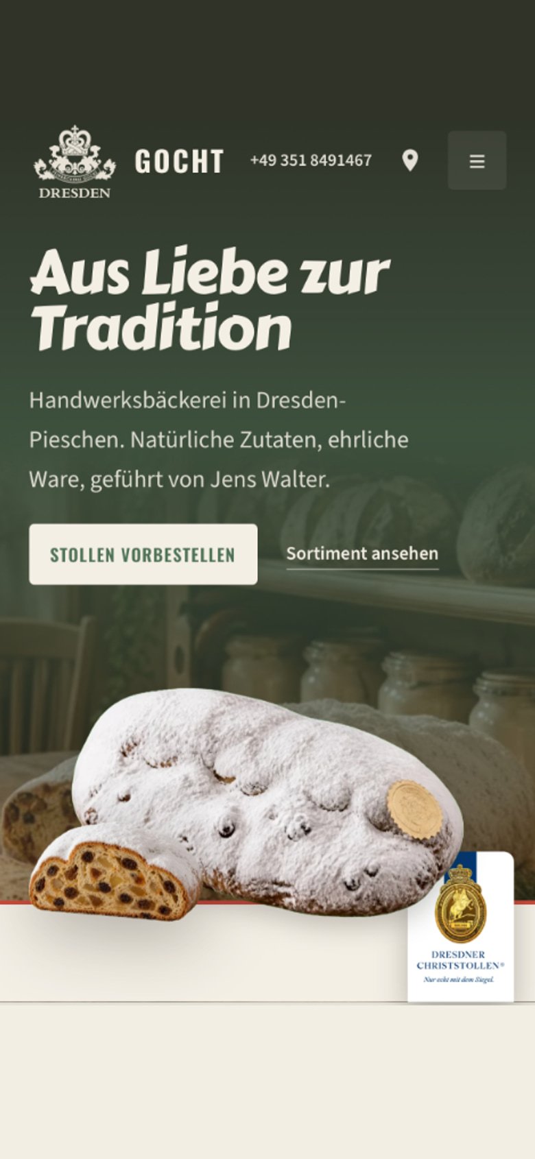 Feinbäckerei Gocht Website Mobil — Startseite mit Stollen und Tradition