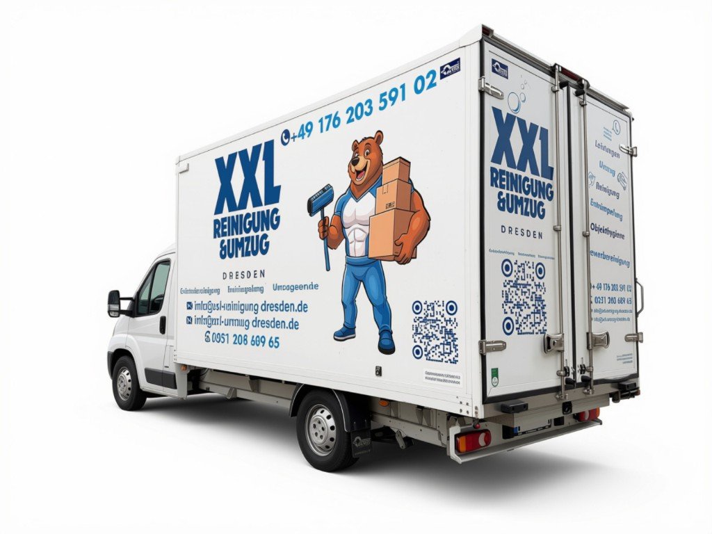 XXL Reinigung & Umzug Marke am Fahrzeug: Bär-Maskottchen und Branding auf dem Transporter