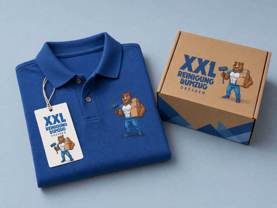 XXL Reinigung & Umzug Merch: Polo, Verpackung und Hangtag im gleichen System