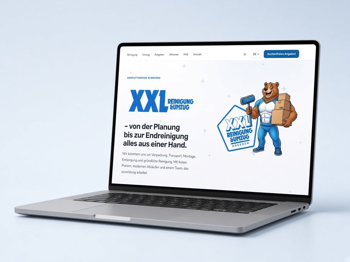 XXL Reinigung & Umzug Website auf einem Laptop — echte Startseite mit Bär-Maskottchen